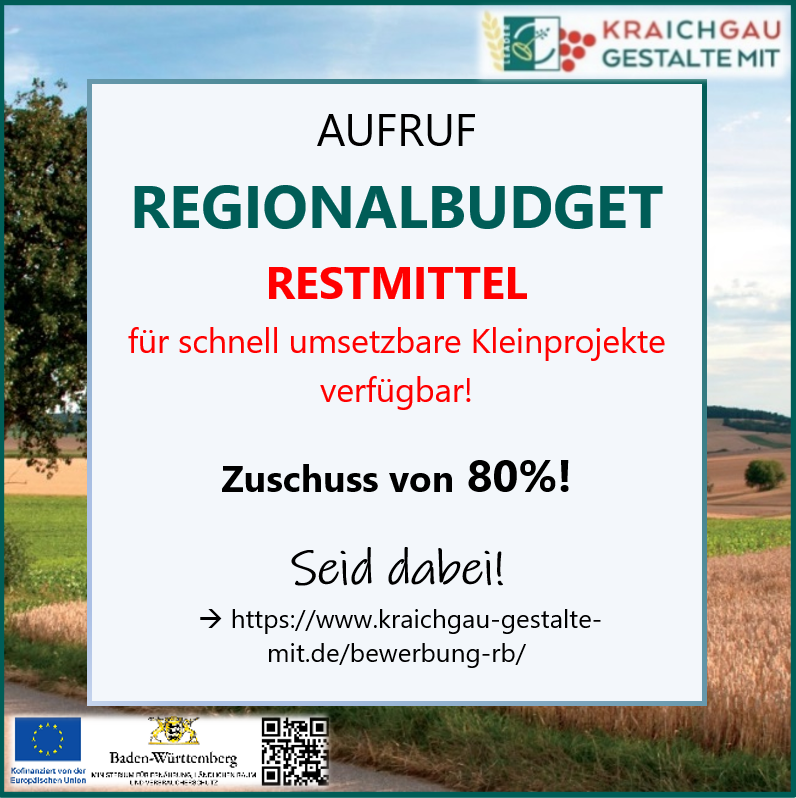 Mehr über den Artikel erfahren Restmittel für schnell umsetzbare Projekte verfügbar! Neuer Projektaufruf für Regionalbudget 2024 der LEADER-Aktionsgruppe Kraichgau